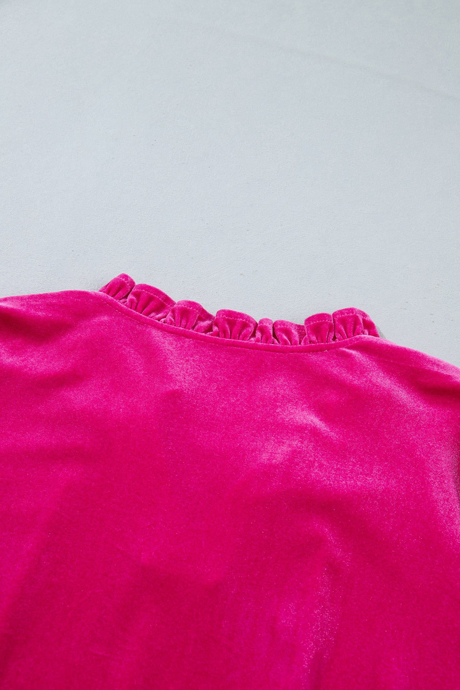 Strawberry Pink V Neck Velvet Ruffled Cuffs Hem Long Sleeve Top