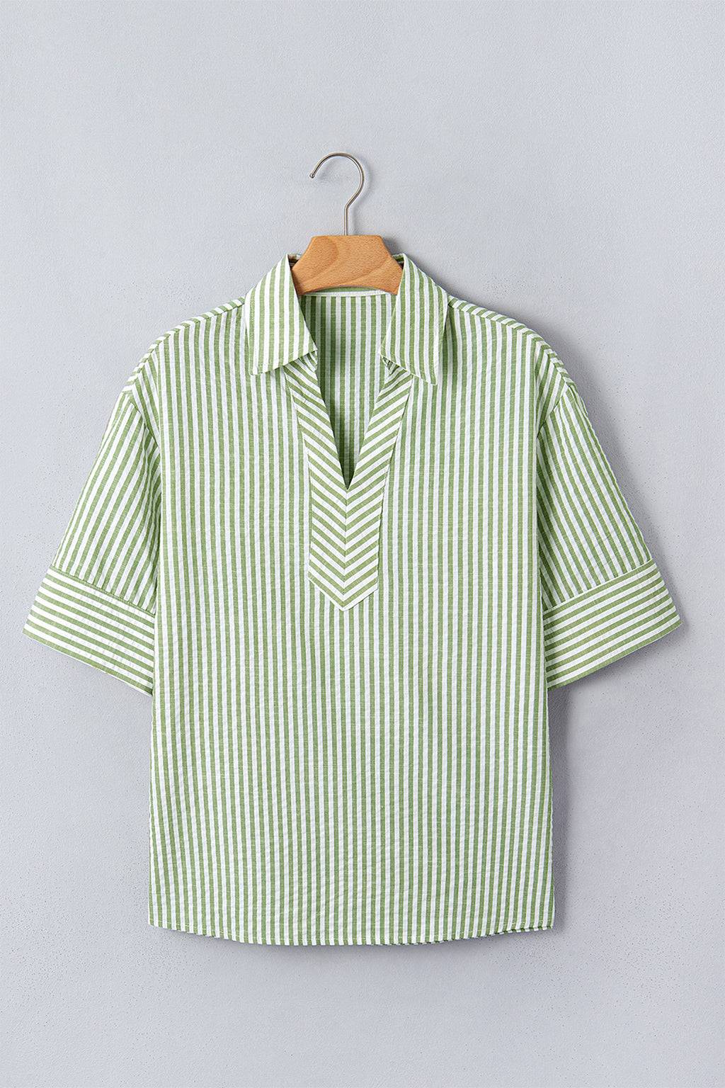 Green Stripe Shirt Collar Half Sleeve Blouse