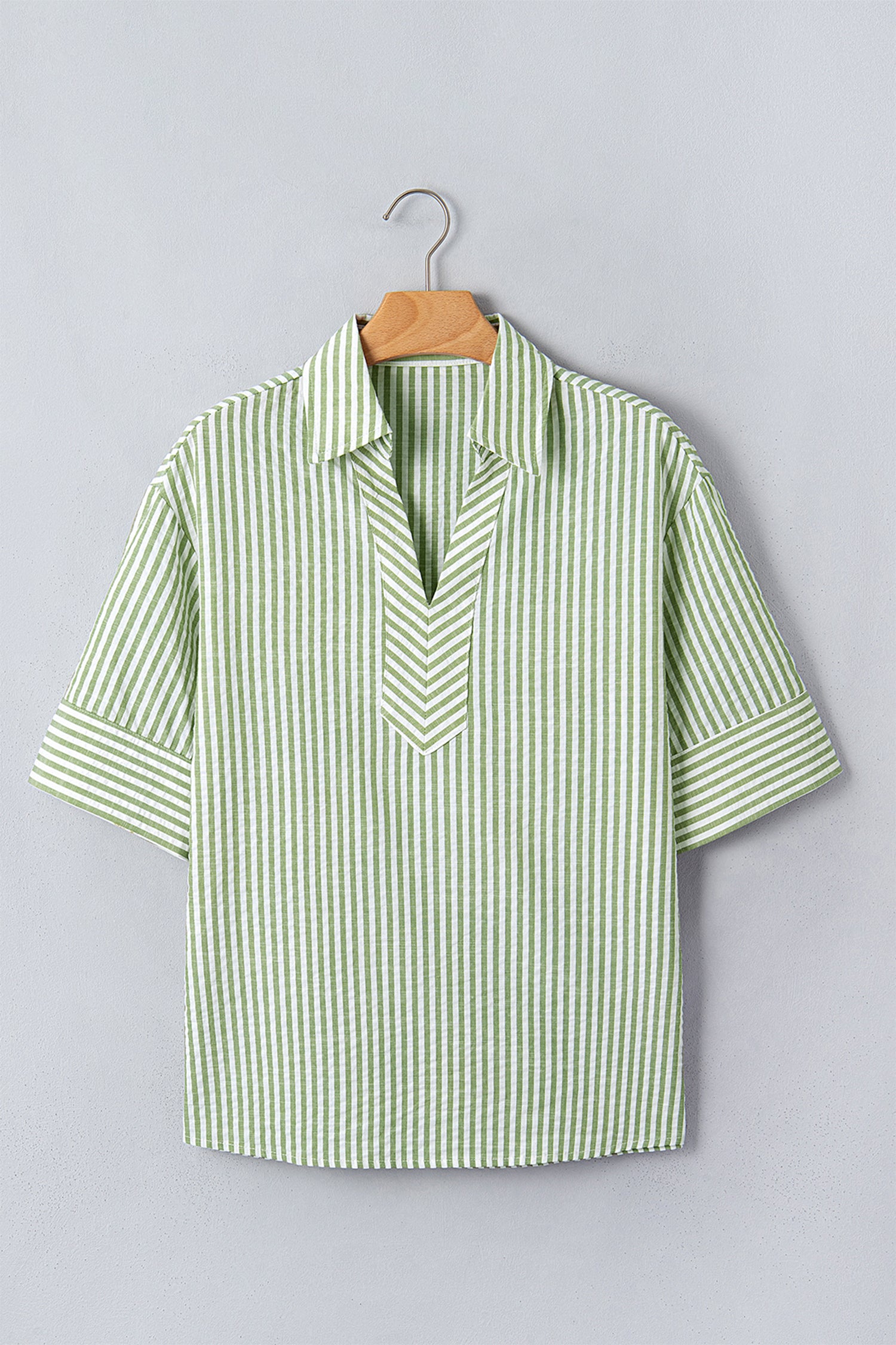 Green Stripe Shirt Collar Half Sleeve Blouse