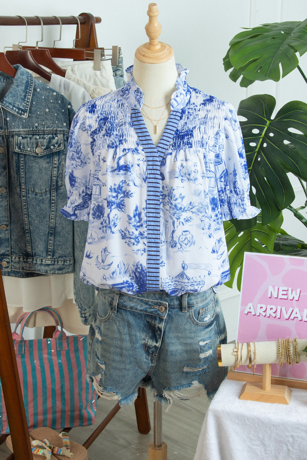 Blue Wild Animal Paradise Striped Detail V Neck Blouse