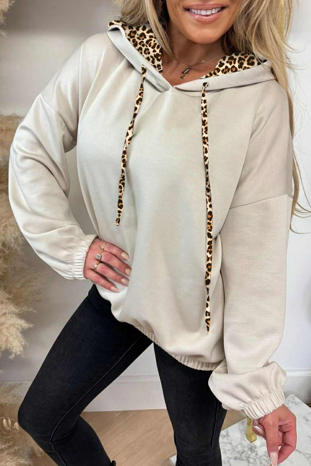 Black Elastic Cuffs Leopard Contrast Drawstring Hoodie