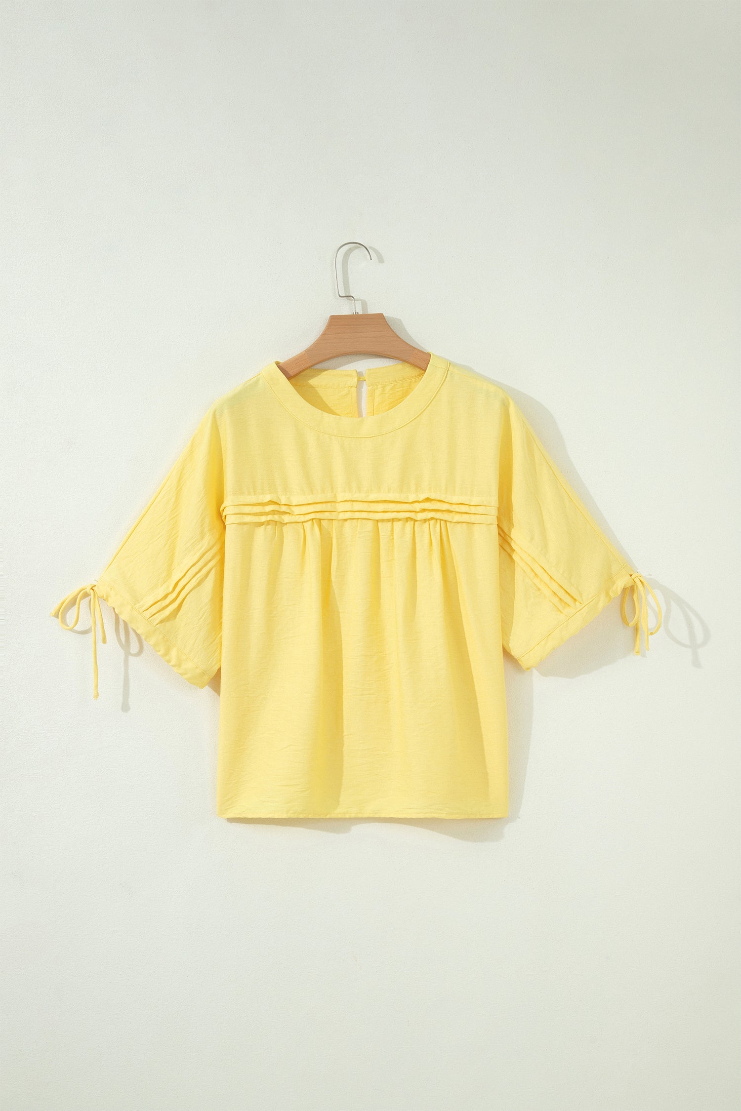Yellow Cream Tie Half Sleeve Pleated Detail Babydoll Blouse