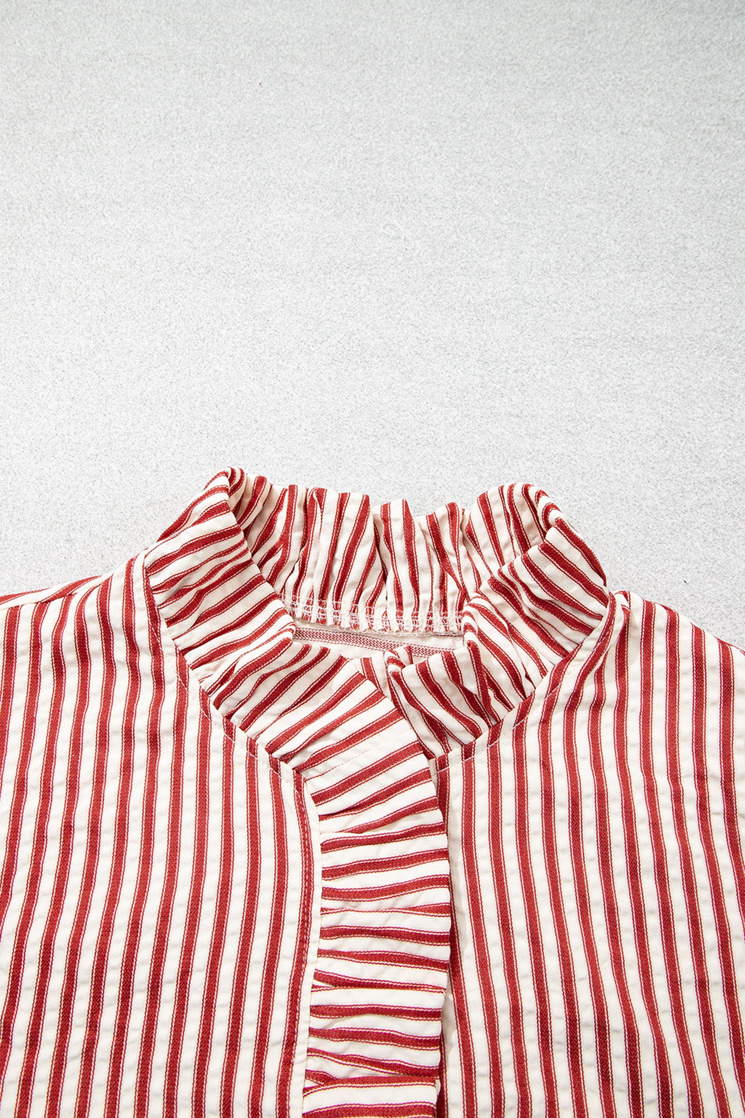 Red Stripe Textured Ruffle Trim Button-Up Long Sleeve Shirt