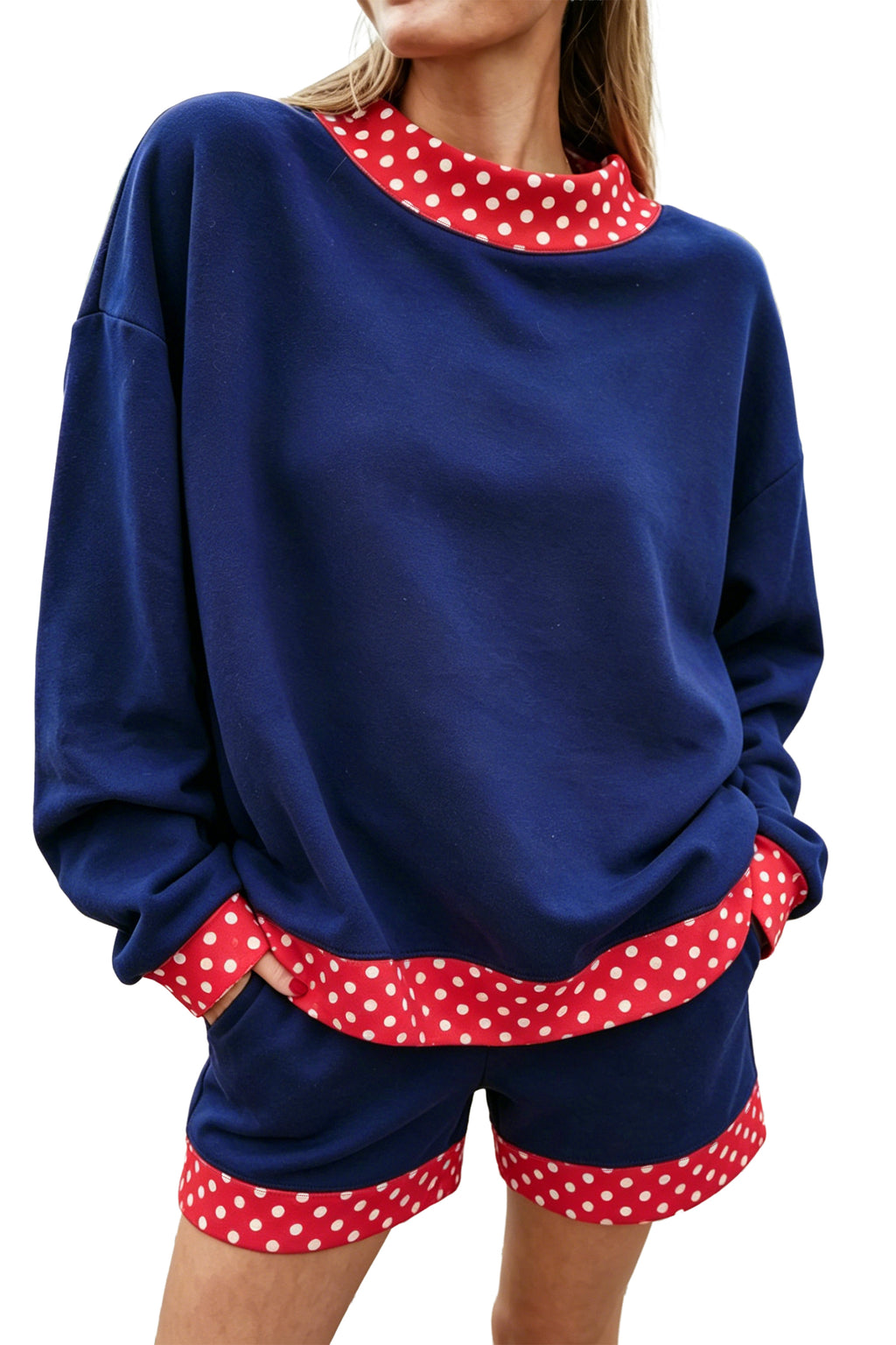 Fiery Red Gingham Trim Baggy Pullover 2pcs Short Set