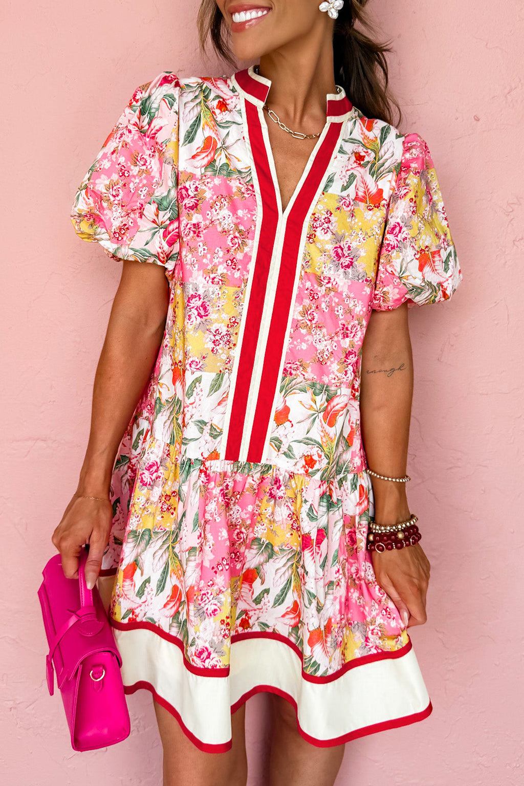 Pink Color Block Floral Print Contrast Trim V Neck Ruffle Hem Mini Dress