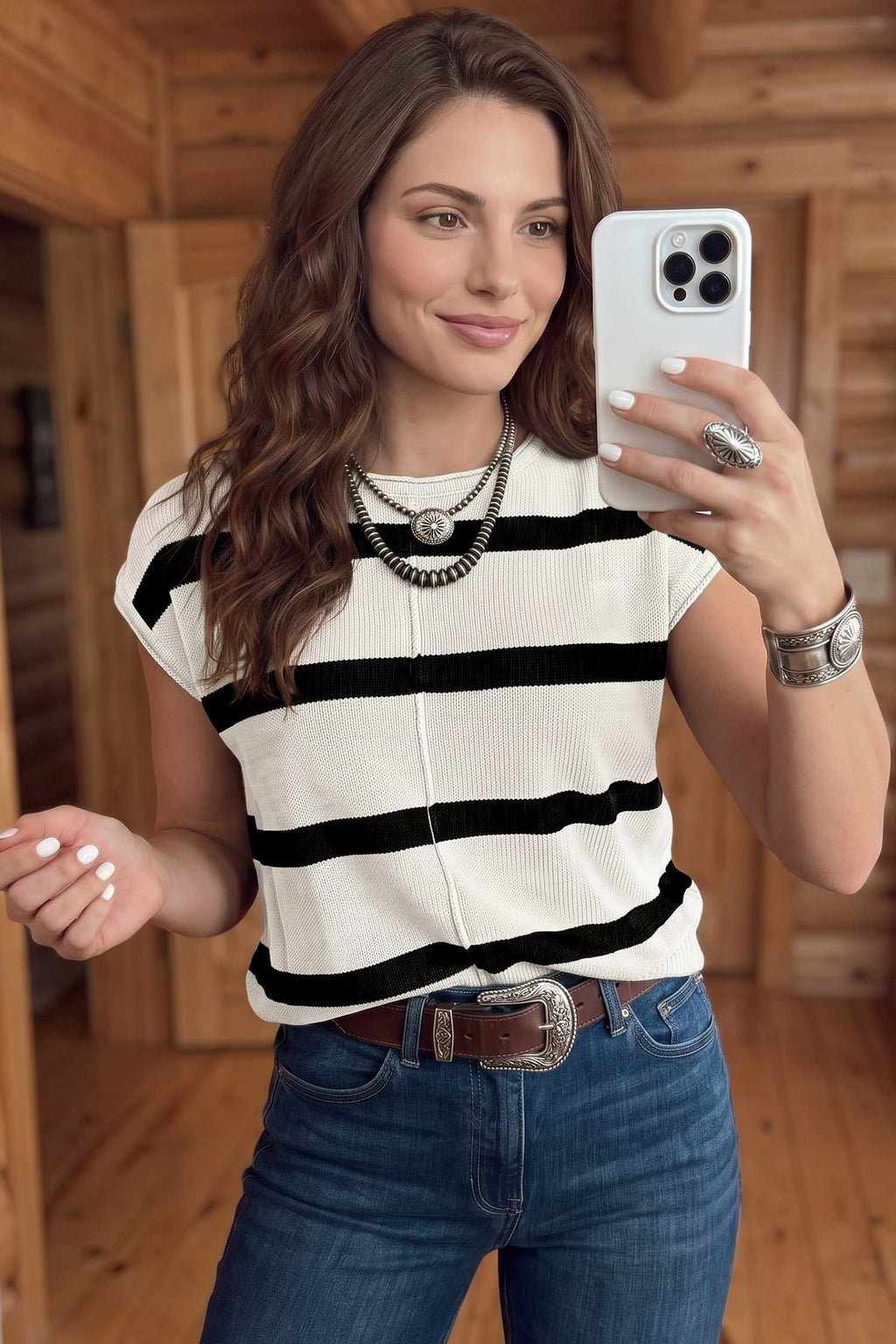 Brown Stripe Knit Western Short Sleeve Sweater